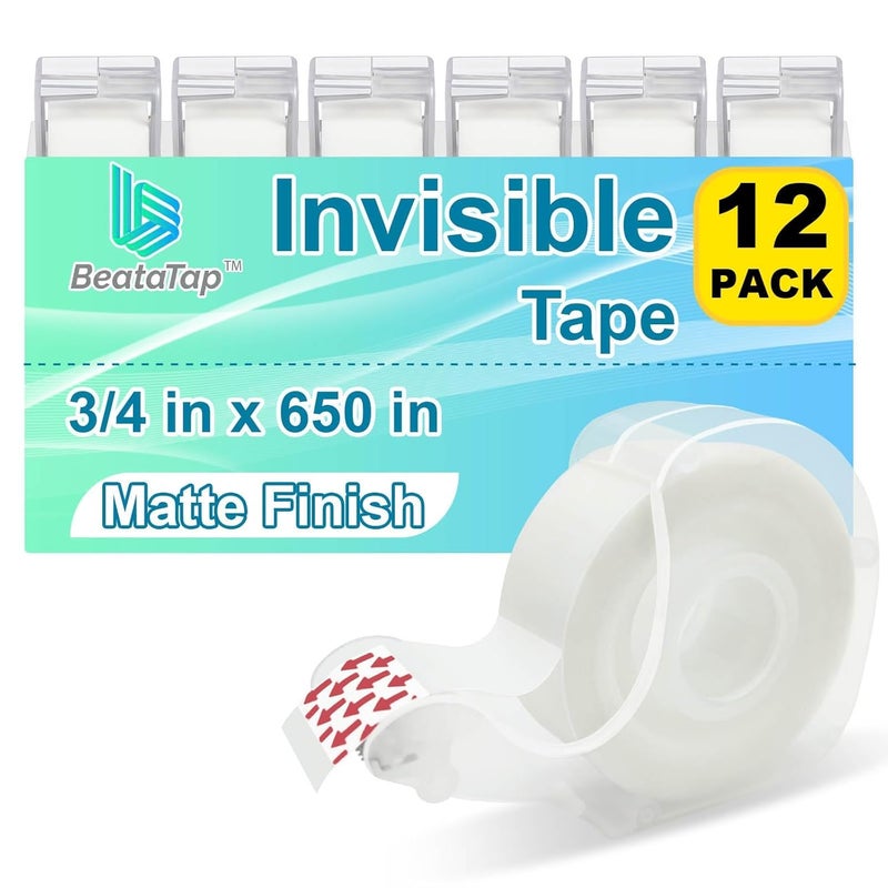 BeataTap Tape Bulk, Clear Tape, Invisible, Matte Finish, Writable, 3/4 in x 650 in, Transparent Tape, 12 Rolls with Dispensers, Ideal for Gift Wrapping, School Supplies & Office Use - Image 1